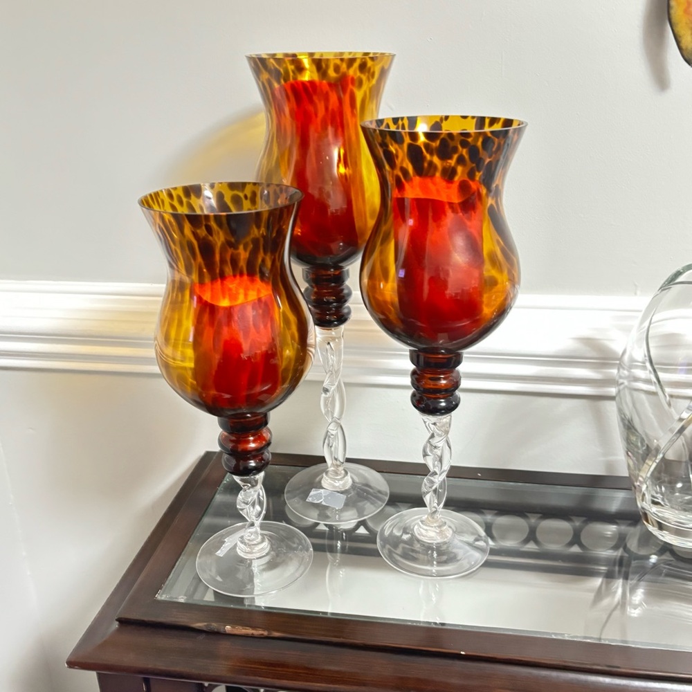 Vintage Twisted Amber Glass Pedestal Candle Holders Set of 3